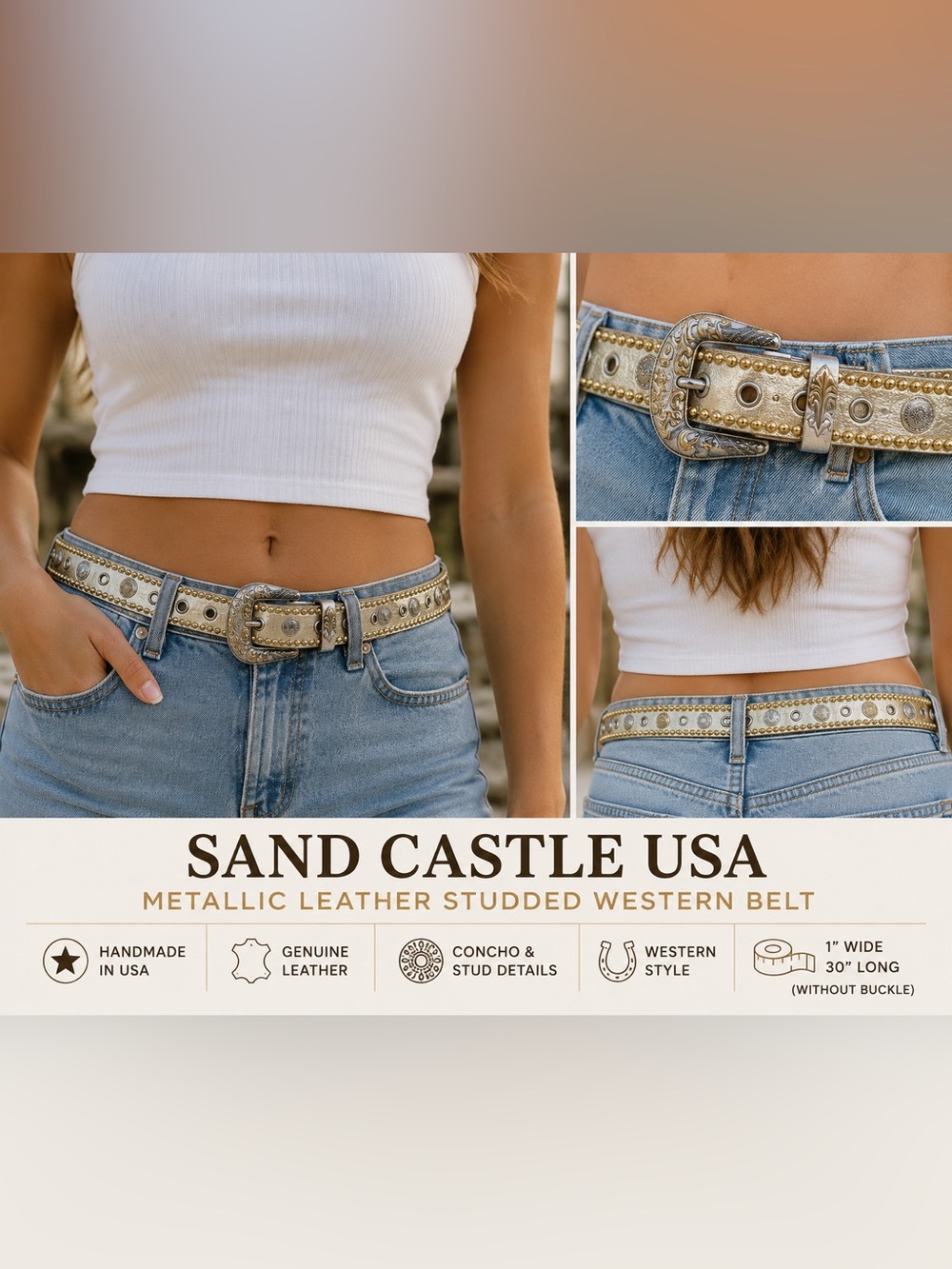 Sand Castle USA Metallic Gold Leather Studded Western Belt 30” Concho Y2K Boho